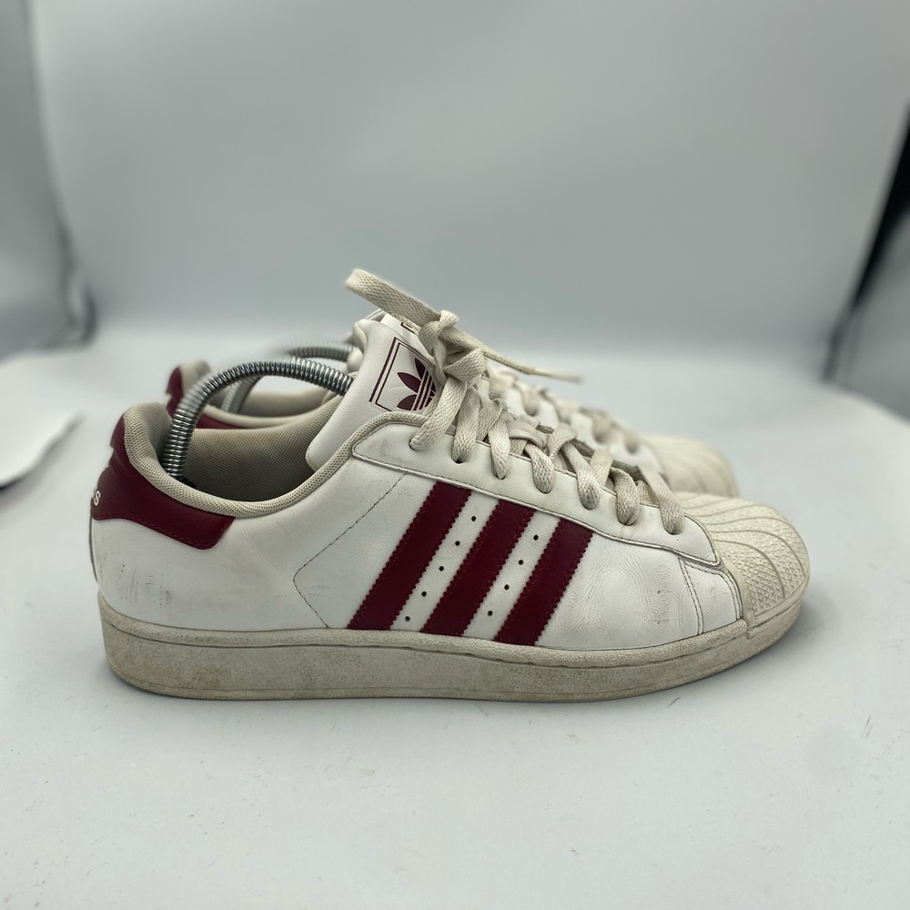 Size 9.5 - Men’s Adidas Superstar Low Sneakers Maroon White Used Lace Up Casual